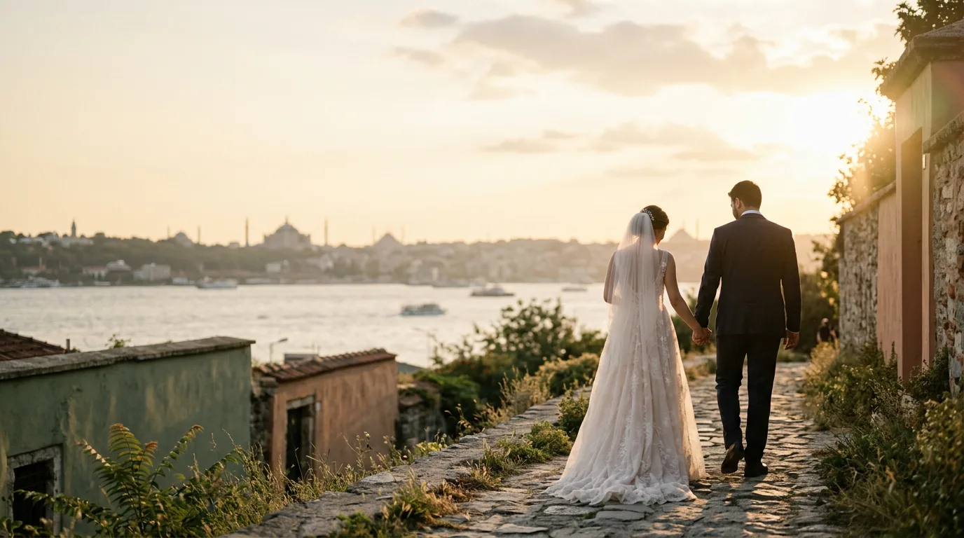 Gün batımında Boğaz kıyısında el ele yürüyen gelin ve damadın arkadan görüntüsü.